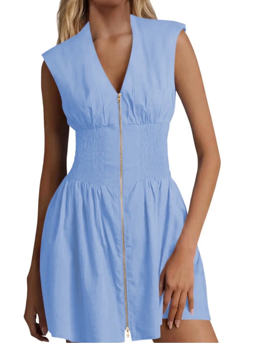 Tank Zip Front Light Blue V-Neck Zip-Front Mini Dress